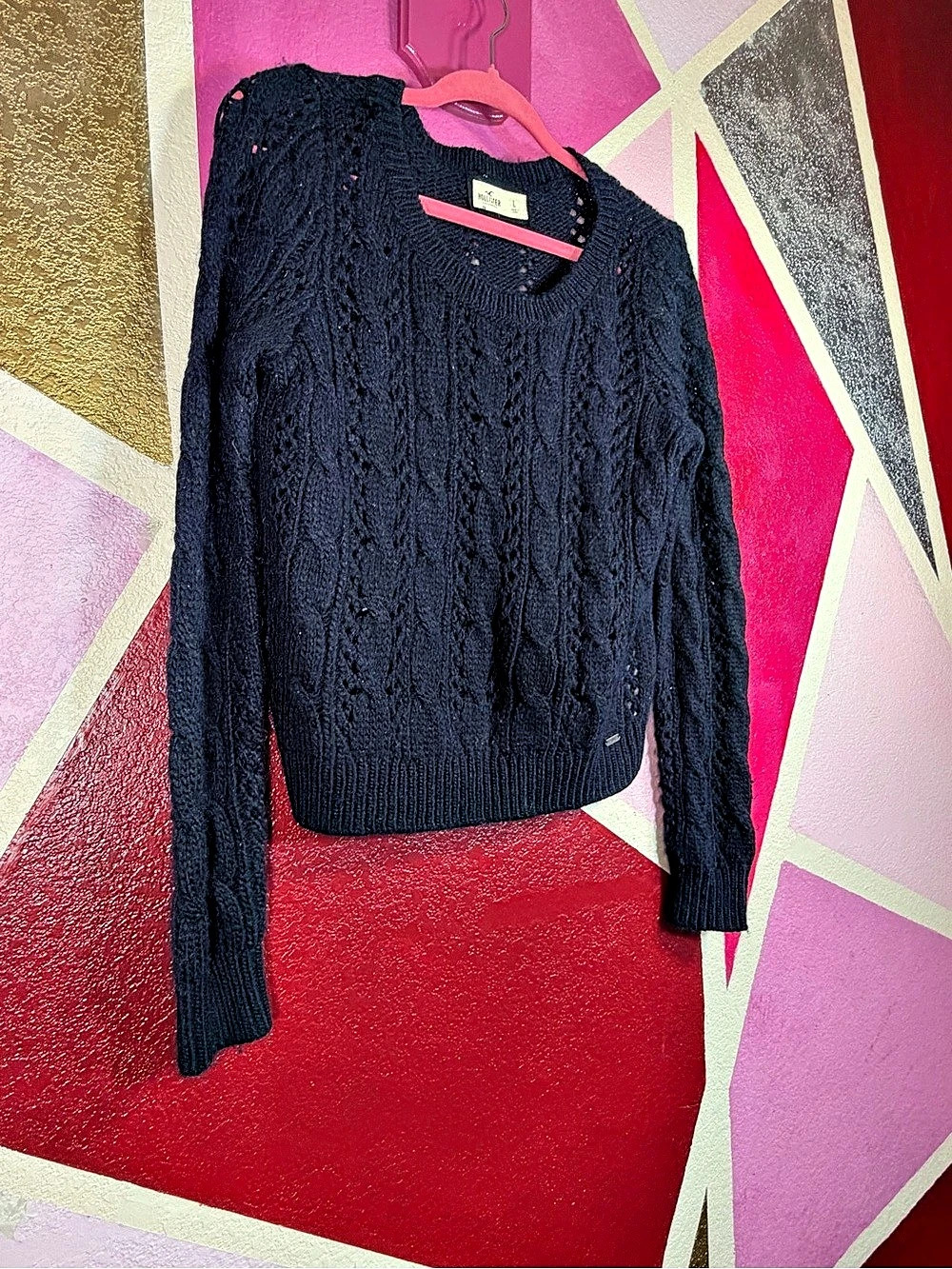 Hollister Juniors Large Navy Cable Knit Pointelle Sweater Cropped Crewneck